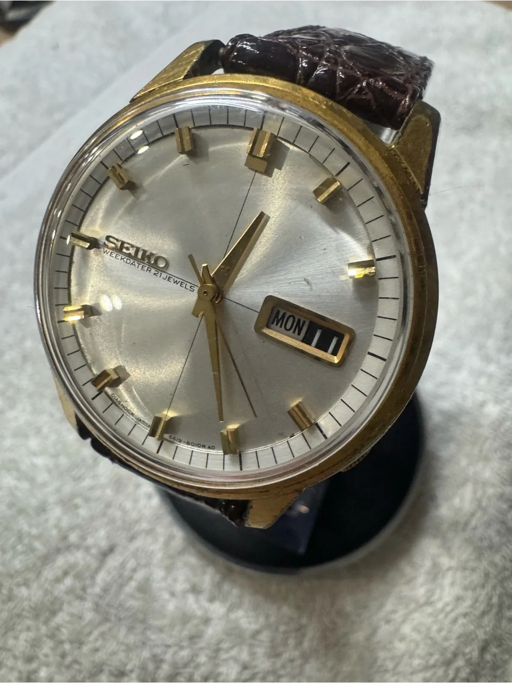 Seiko Gold Tone Weekdater Wristwatch - Silver Dial, Brown Strap